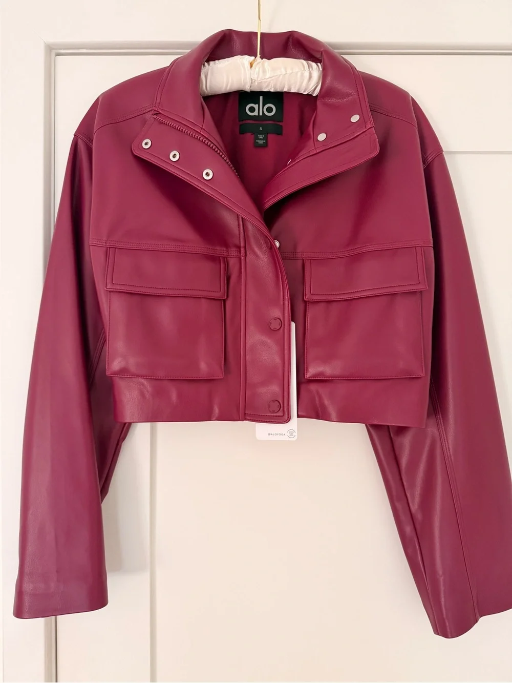 NWT ALO Yoga Cropped Faux Leather Jacket in Wild Berry